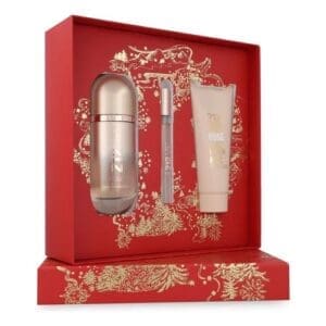 Carolina Herrera 212 Rose Elixir gift set with perfume bottle and matching body products in a red holiday box.