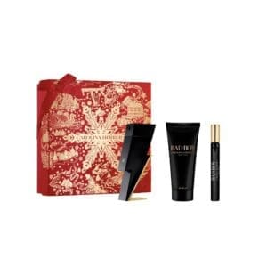 Carolina Herrera Bad Boy Cobalt Elixir gift set with perfume and grooming products in a blue holiday box.