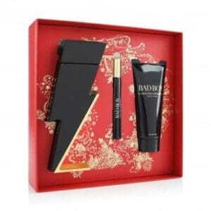 Carolina Herrera Bad Boy gift set with eau de toilette, body lotion, and travel spray in a red decorative box