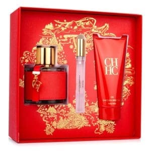 Carolina Herrera CH Woman EDT gift set featuring the fragrance, travel spray, and body lotion in a red decorative box.