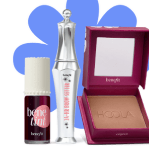 Benefit Cosmetics 3-piece makeup set featuring Benetint lip & cheek tint, 24-HR Brow Setter gel, and Hoola bronzer in an open compact.