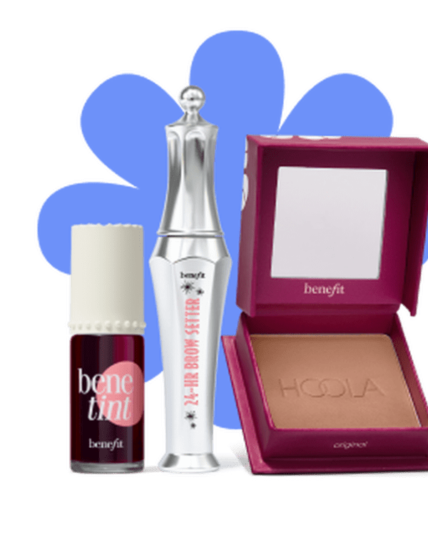 Benefit Cosmetics 3-piece makeup set featuring Benetint lip & cheek tint, 24-HR Brow Setter gel, and Hoola bronzer in an open compact.