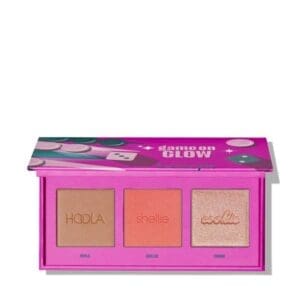 Benefit Cosmetics ‘Game On Glow’ palette featuring three shades—Hoola bronzer, Shellie blush, and Cookie highlighter—inside a bright pink illustrated compact