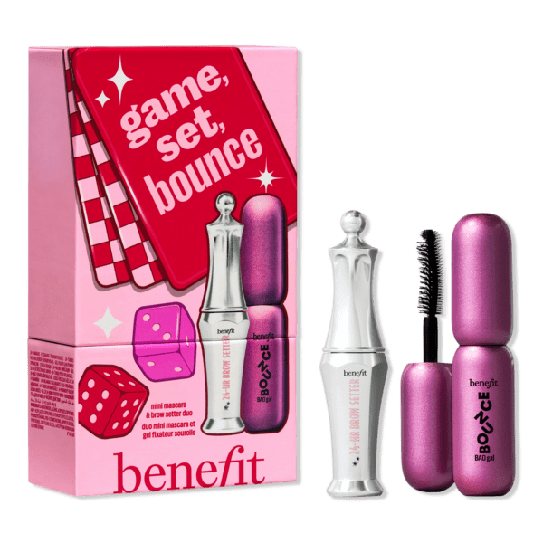 Benefit Cosmetics ‘Game, Set, Bounce’ mini brow and mascara duo featuring the 24-HR Brow Setter gel and BADgal BANG! mascara, displayed with the pink and red illustrated gift box.