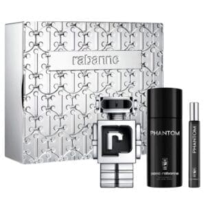 Paco Rabanne Phantom gift set featuring a silver robot-shaped perfume bottle, a black Phantom deodorant spray, a slim travel spray, and a metallic silver embossed presentation box with the Rabanne logo