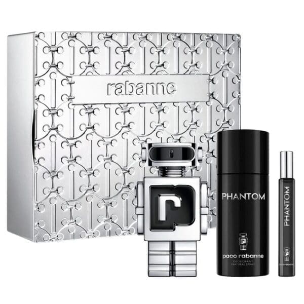 Paco Rabanne Phantom gift set featuring a silver robot-shaped perfume bottle, a black Phantom deodorant spray, a slim travel spray, and a metallic silver embossed presentation box with the Rabanne logo