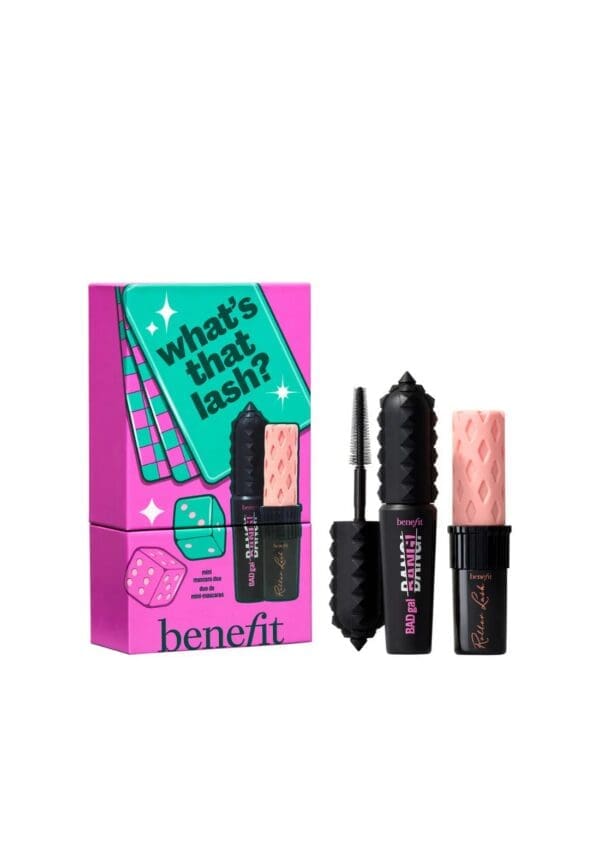 Benefit Cosmetics ‘What’s That Lash?’ mini mascara duo set featuring BADgal BANG! and Roller Lash mascaras, shown with the vibrant pink and teal gift box